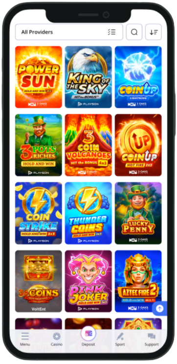 Glory Casino mobile slots grid with filters and bottom navigation