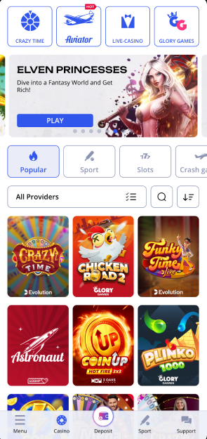 Glory Casino mobile lobby with hero banner and game grid